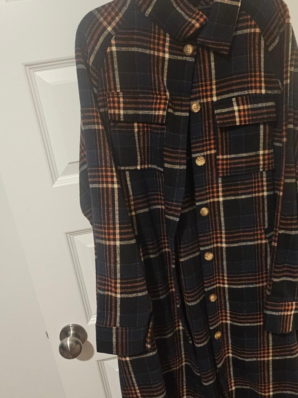 SHEIN Navy and Brown Plaid Long Trench Coat